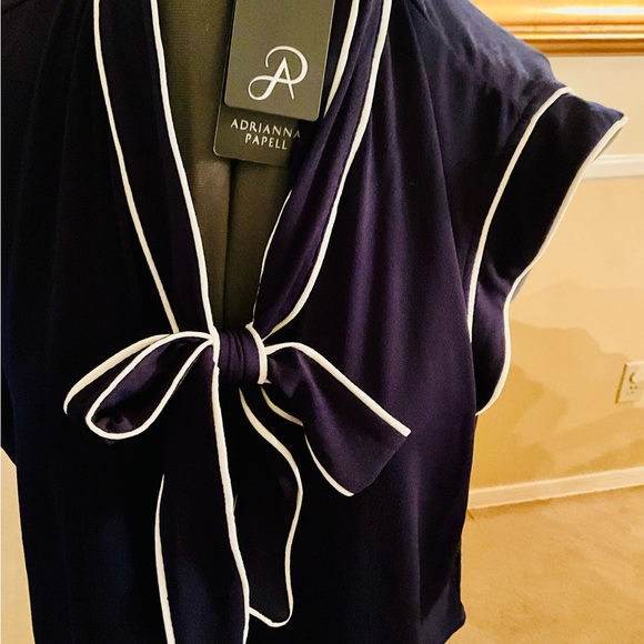 Adrianna Papell Dark Blue and White Tie Front Blouse with Sailor Collar - Picture 2 of 4